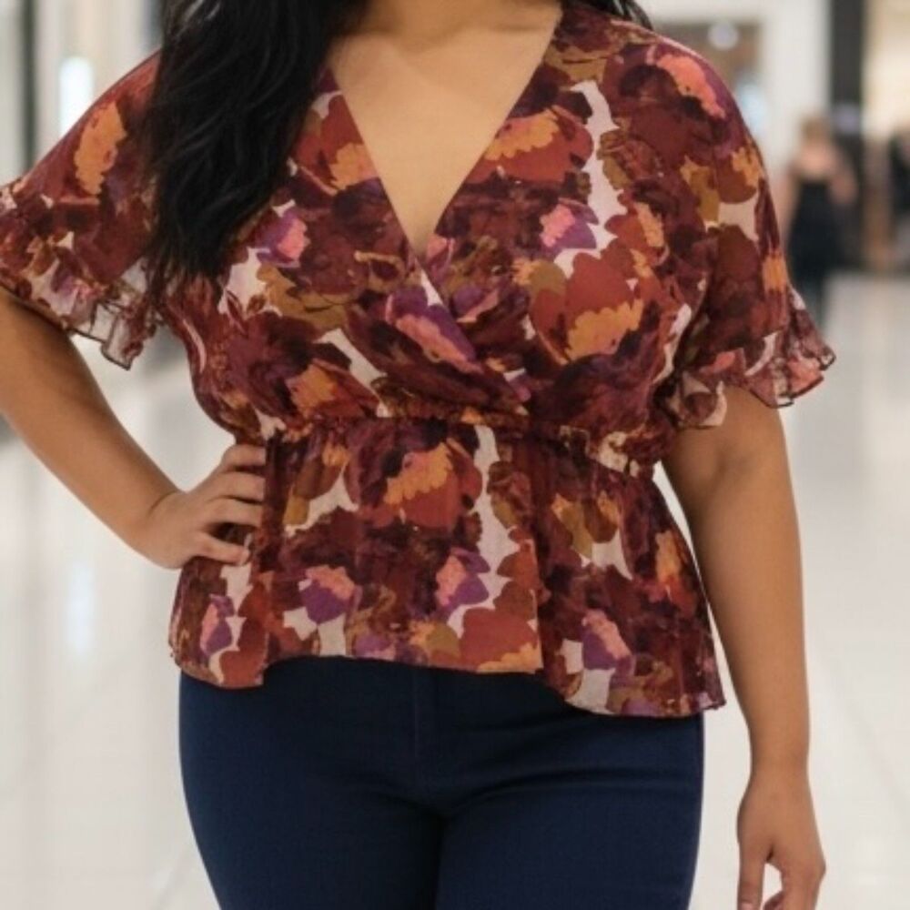 Sofia Jeans Floral Peplum Blouse Medium Burgundy Sheer V Neck Flutter Sleeve Top